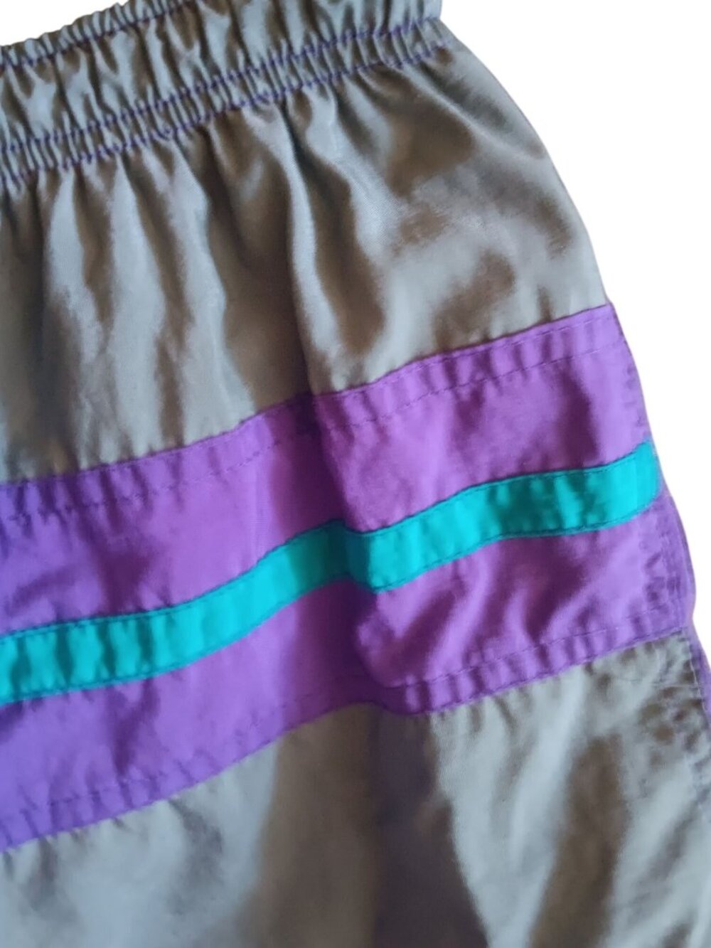 Small Vintage Swim Trunks Nylon Purple & Teal Stripes Colorblock Surf Odyssey
